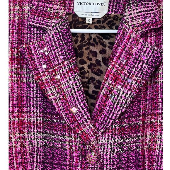 Victor Costa Womens 12 Pink Metallic Long Sleeve Leopard Print Jeweled Blazer - Picture 7 of 9
